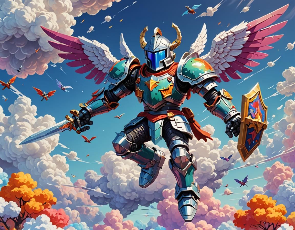 Pixel Art Knight Soaring Above Clouds