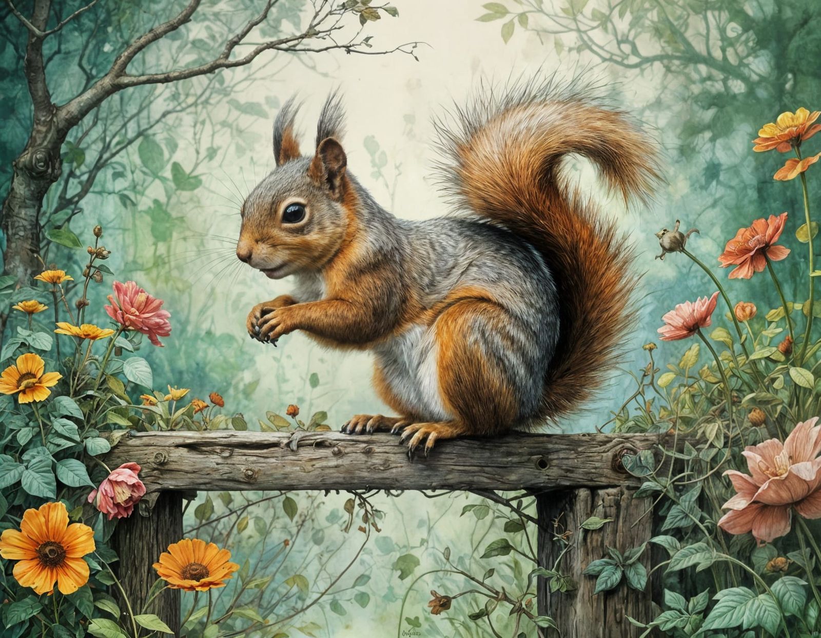 Whimsical Squirrel Perches on a Garden Fence