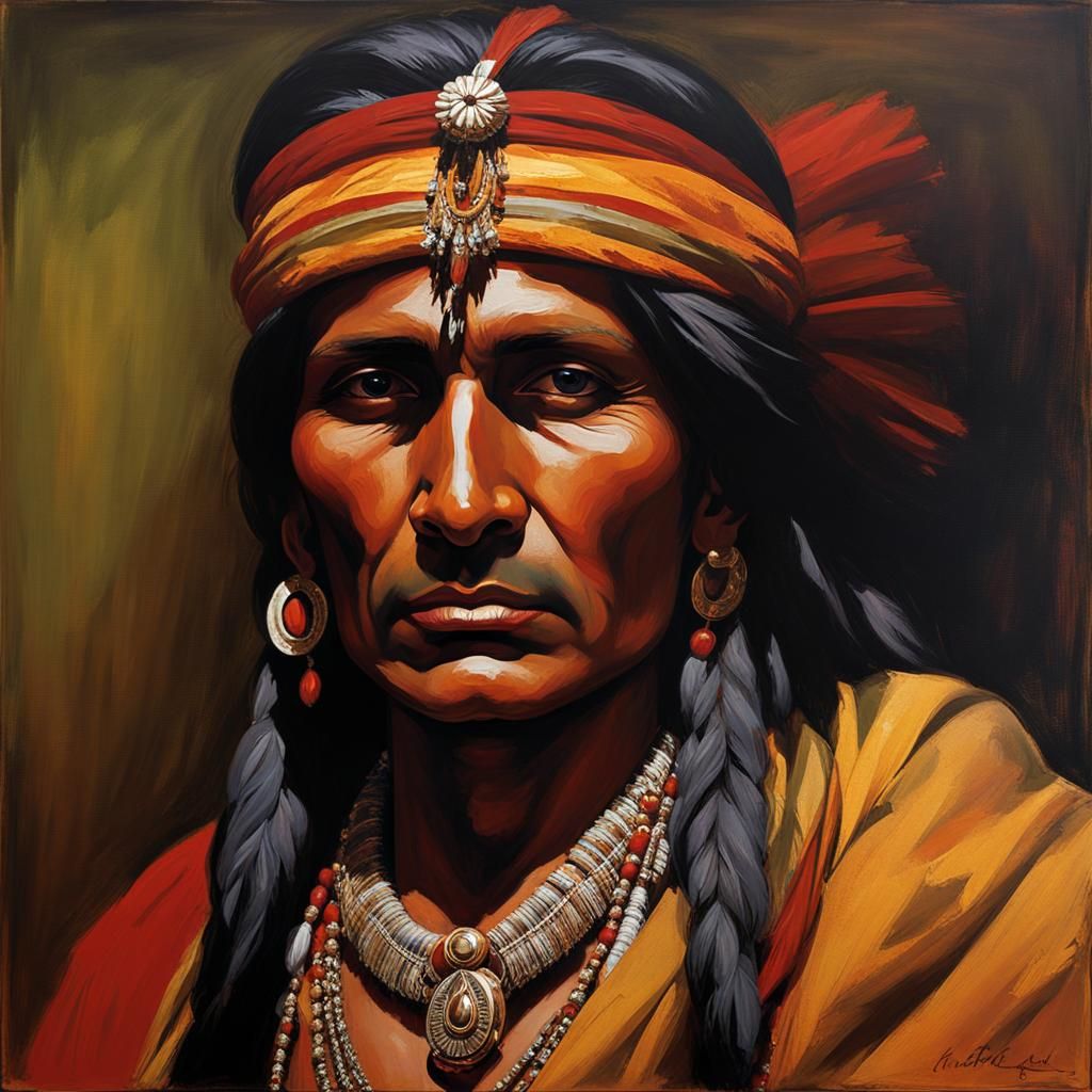 Mystical Native American Portrait in Impressionistic Style