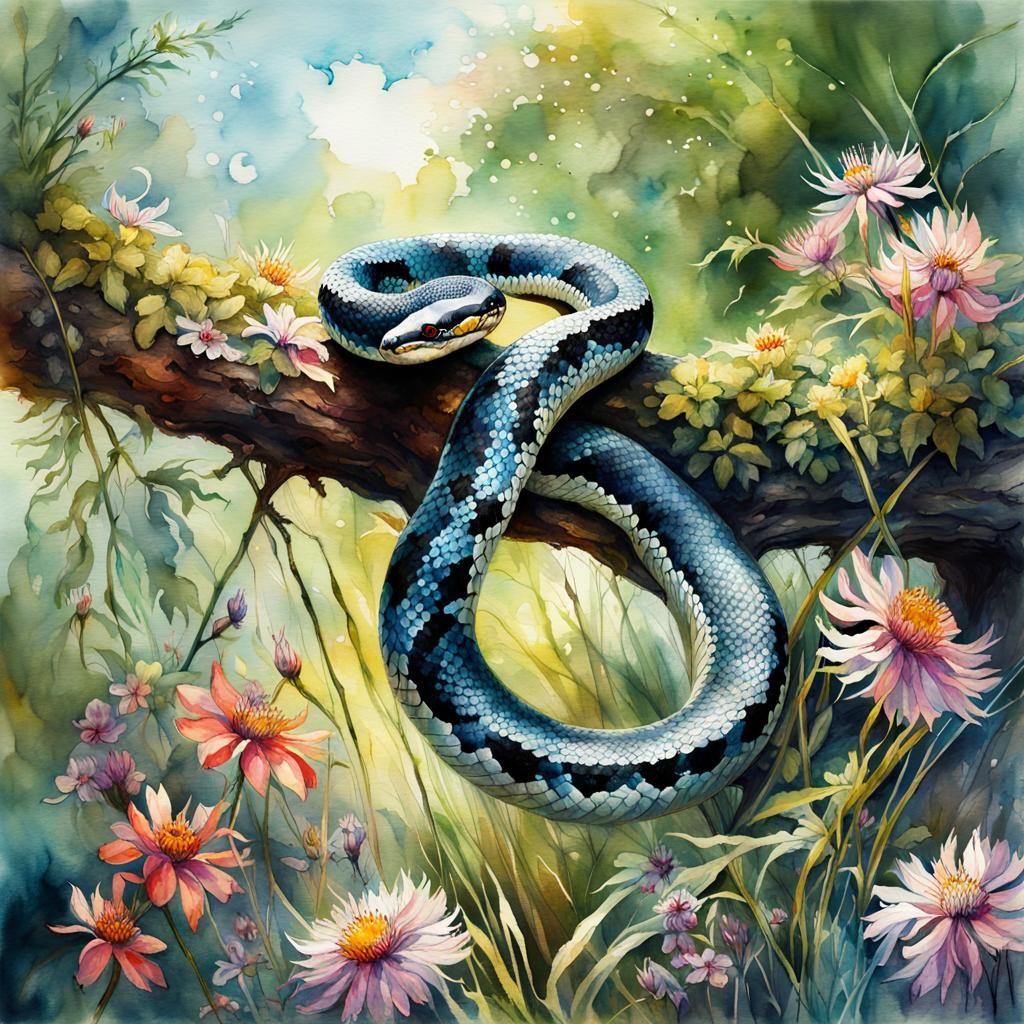 King Snake in Summer, Digital Watercolor Illustration
