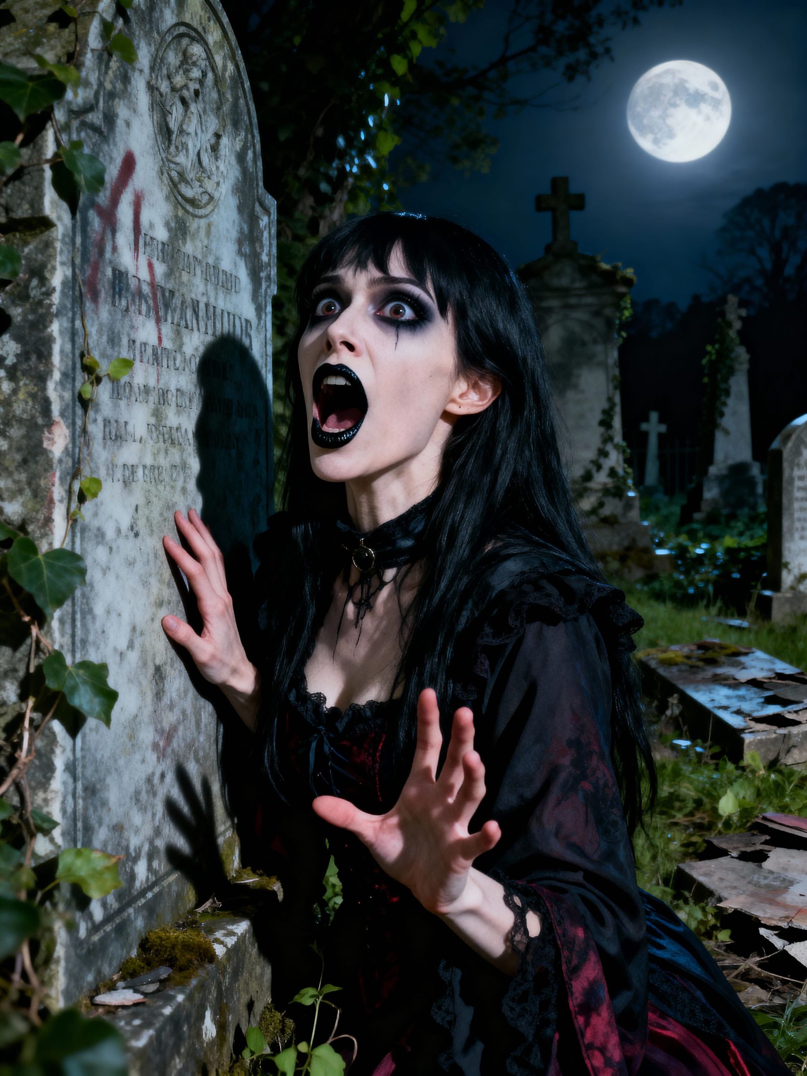 Goth Woman Screams in Terror in Moonlit Cemetery