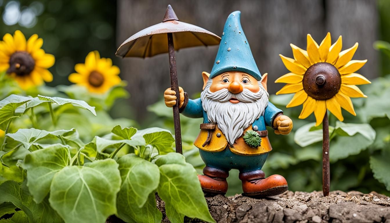 Whimsical Metal Toy Gnome in Veggie Garden