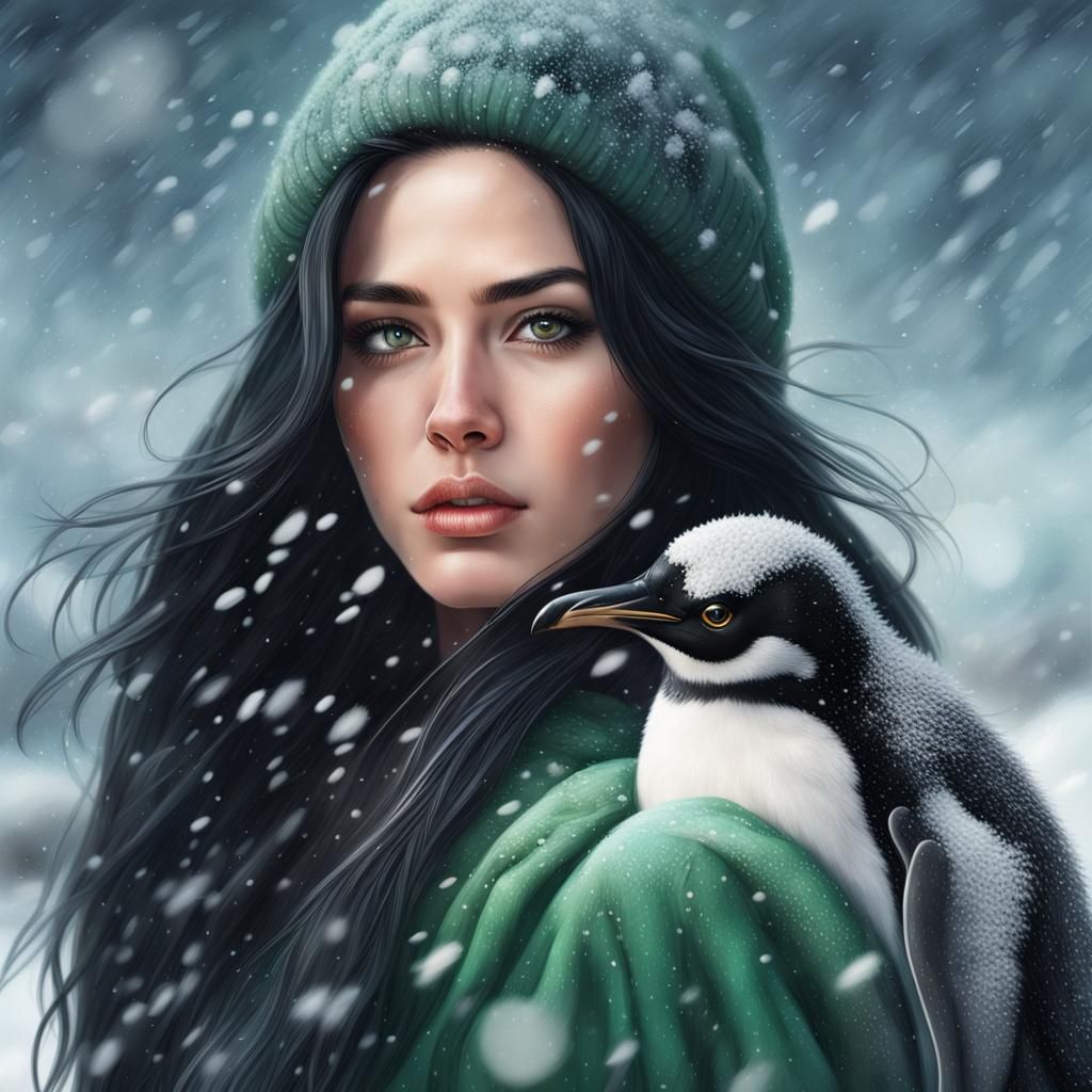 Mysterious Woman with Penguins in Snowy Landscape