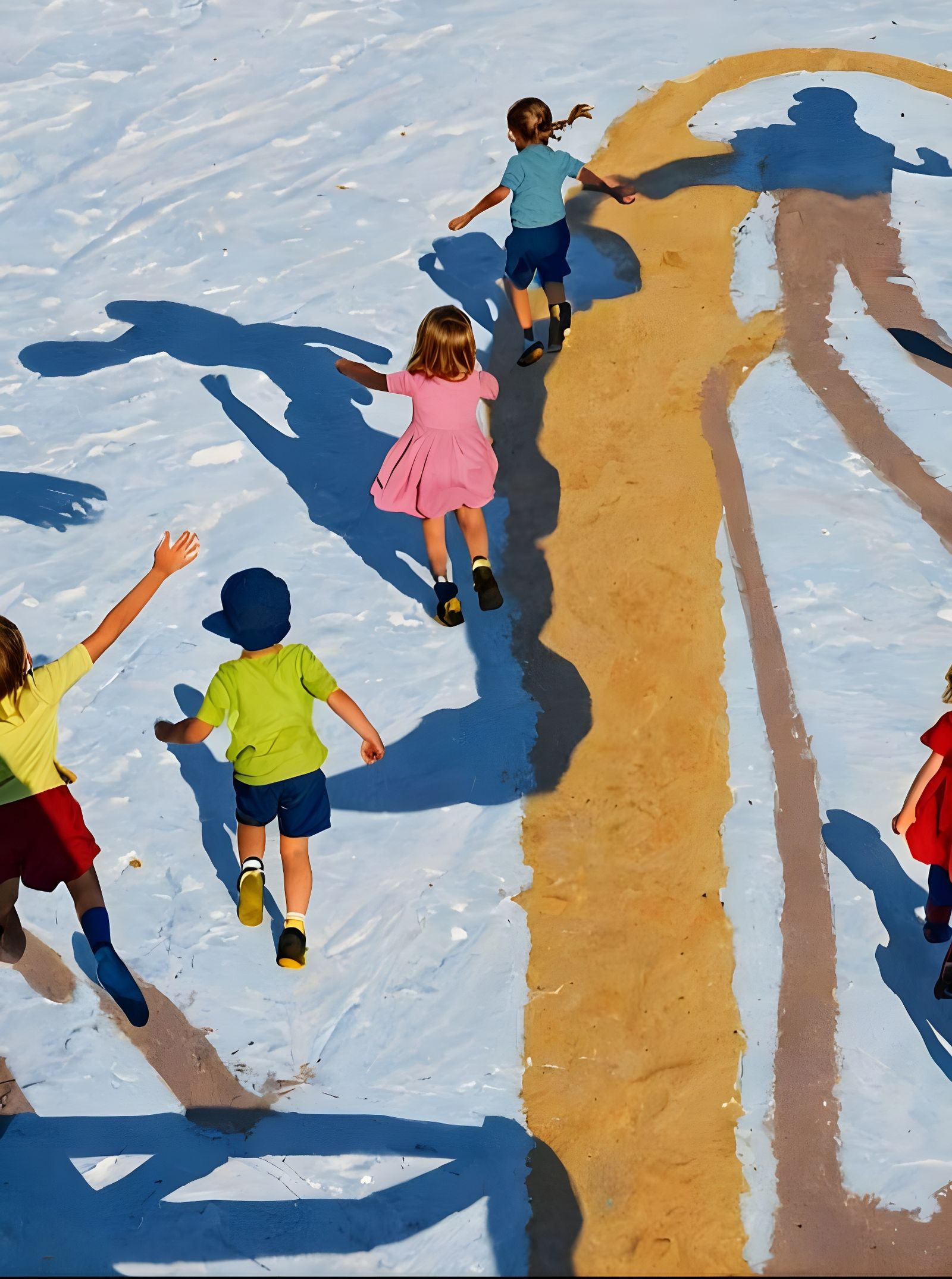 Children Running with Long Shadows, Figurative Style