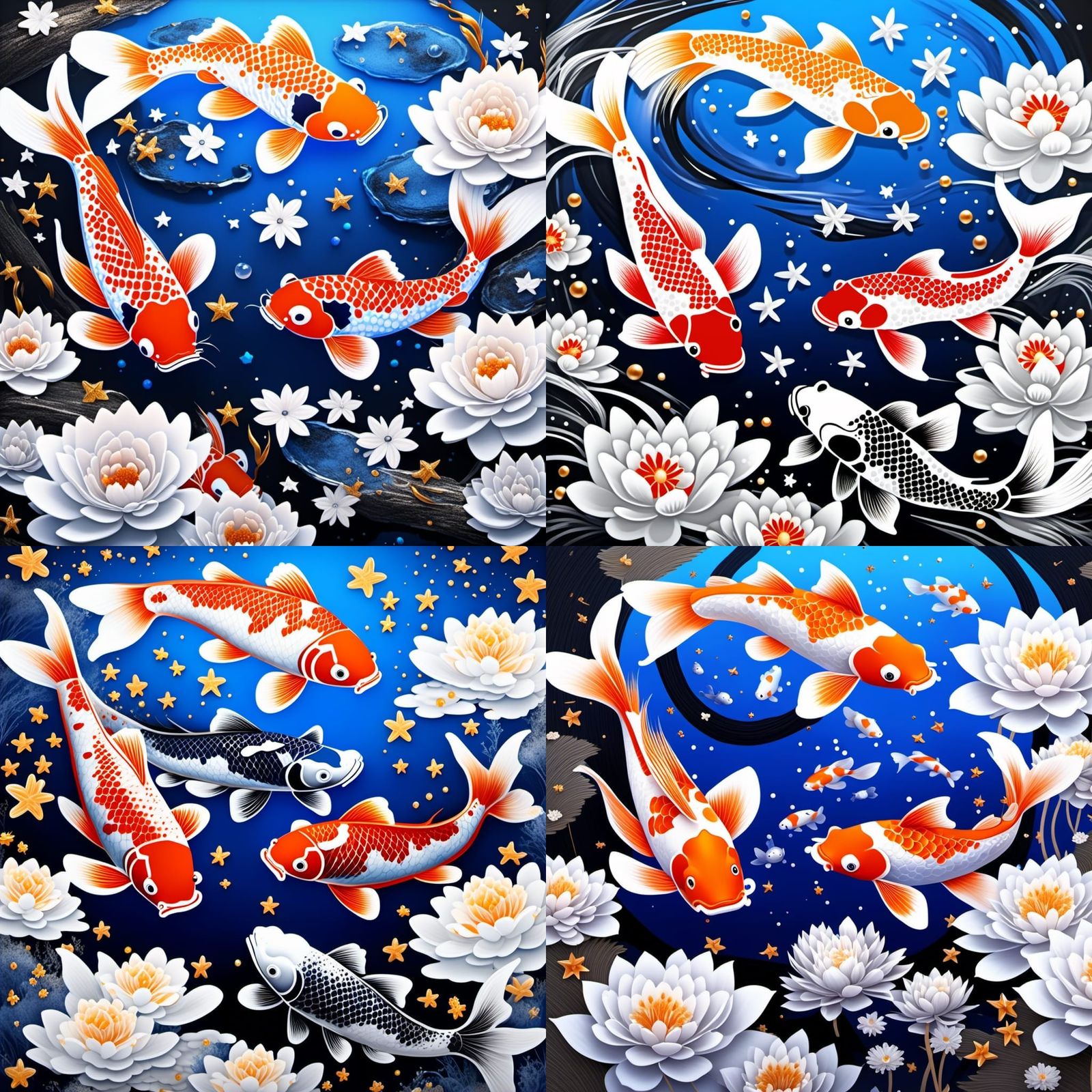 Koi in Pond: Black and White Silk Painting