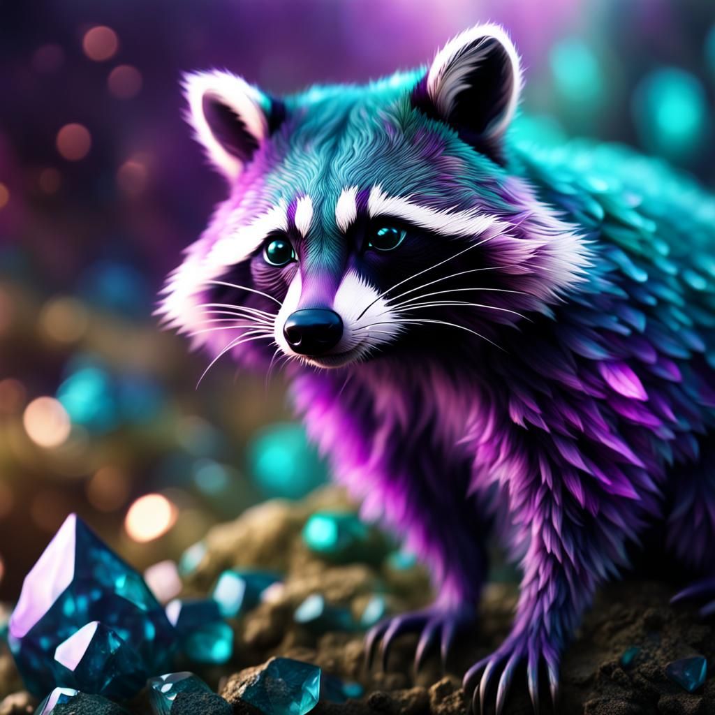 Crystal Raccoon in Teal and Purple: Digital Art