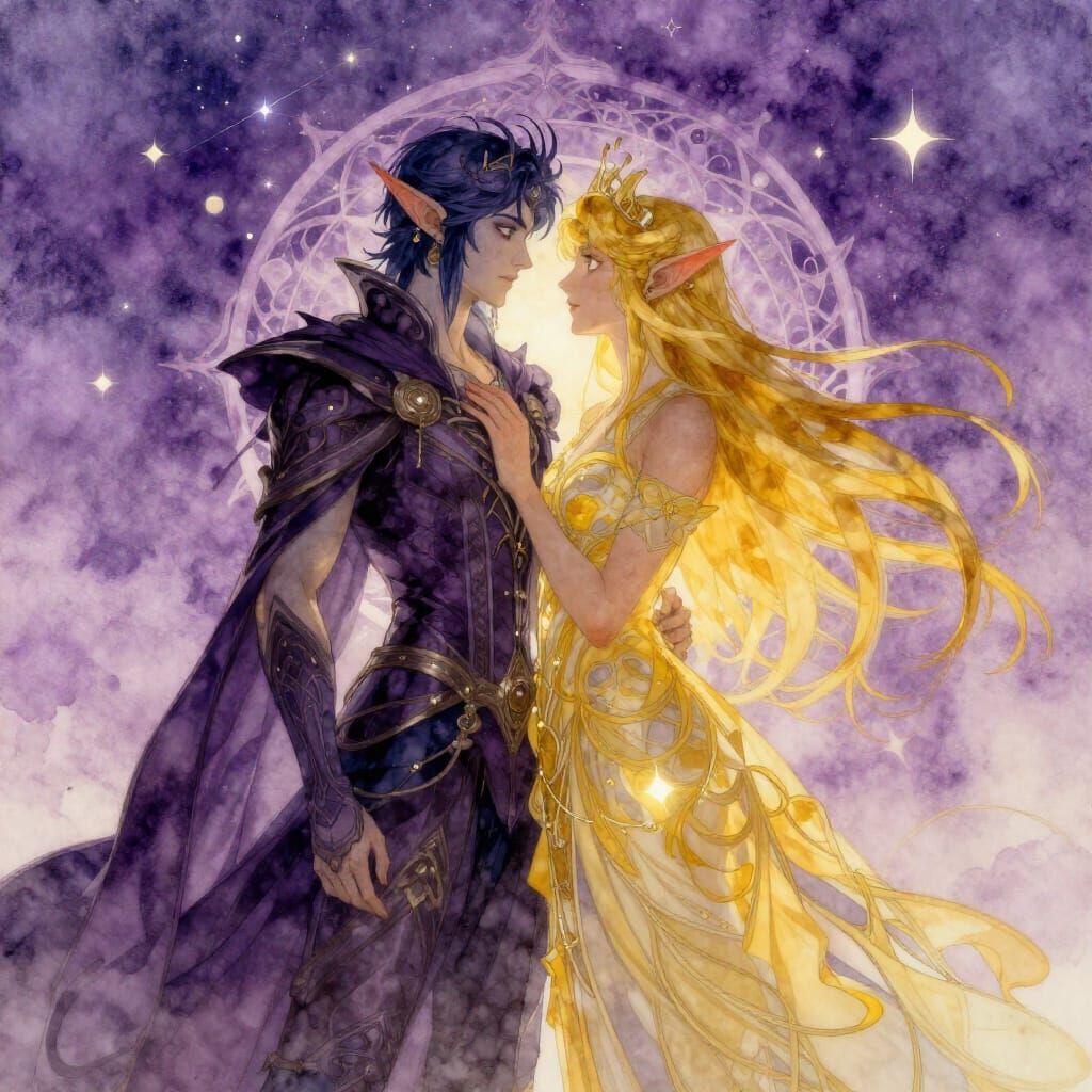 Elf Couple Constellation in Lilac Sky, Watercolor Art