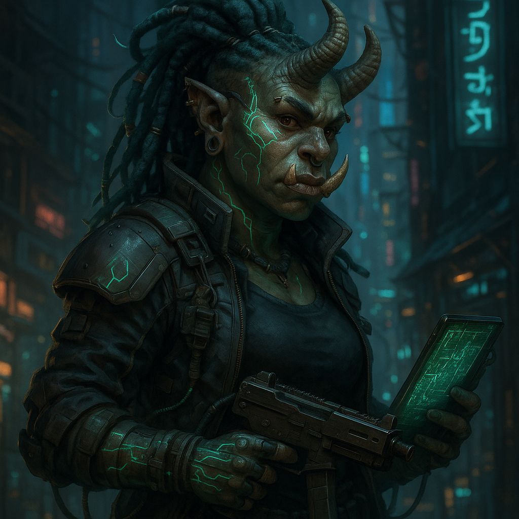 Shadowrun Female Troll Technomancer in Cyberpunk Style