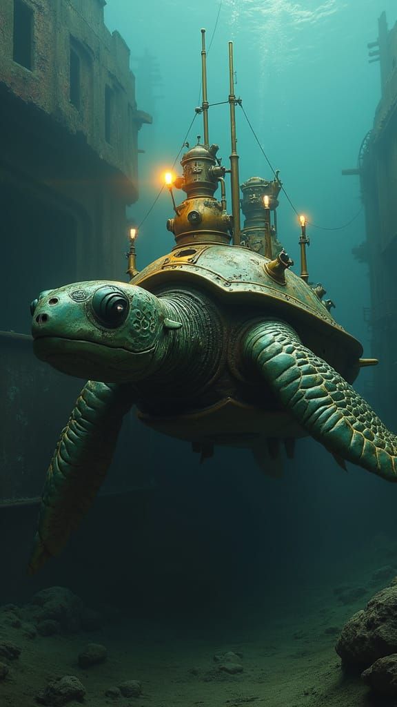 Steampunk Turtle Submarine Descends Upon Sunken Wreck