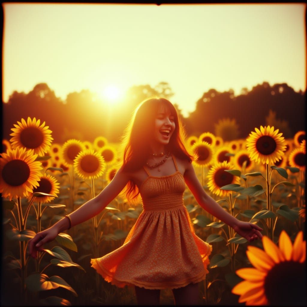 Flower Child Dancing in Sunflower Meadow at Sunset