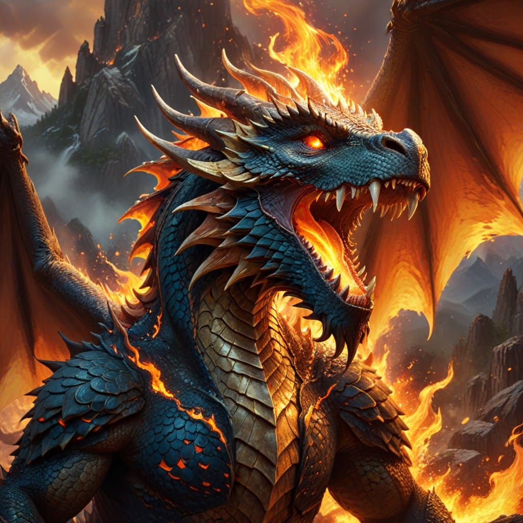 Roaring Dragon in Fantasy Landscape: Digital Art