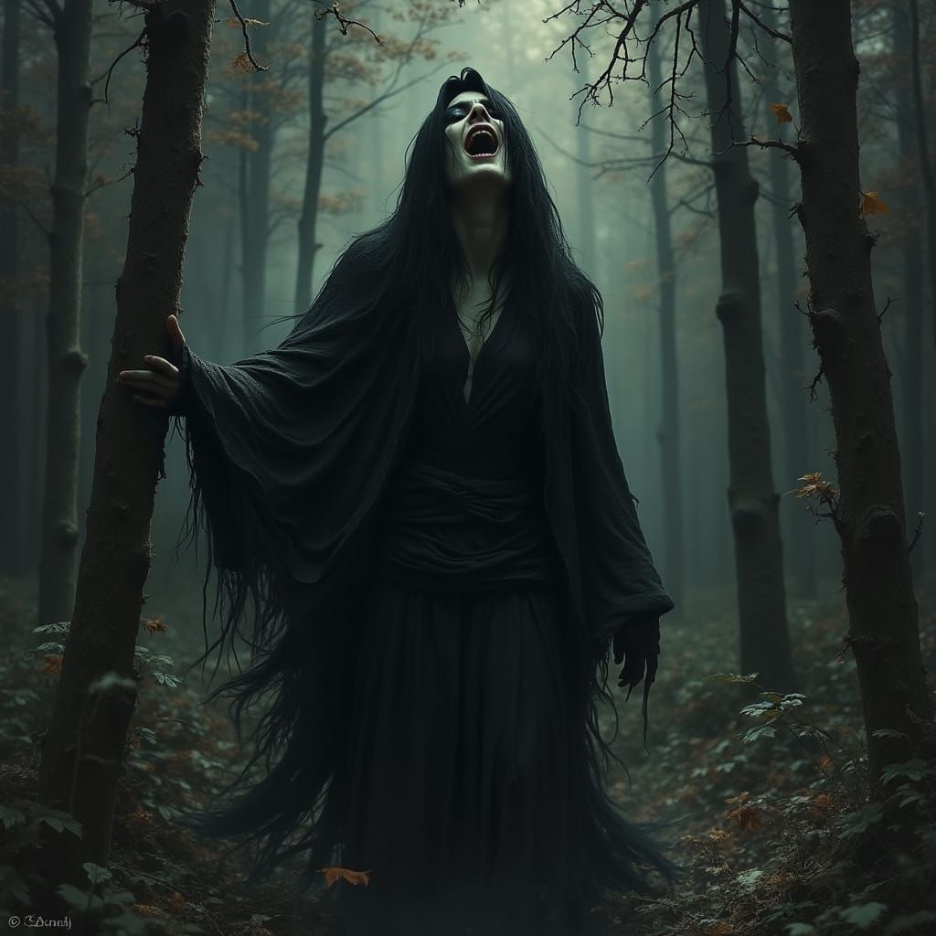 Shrouded Banshee Wails in Mystical Forest