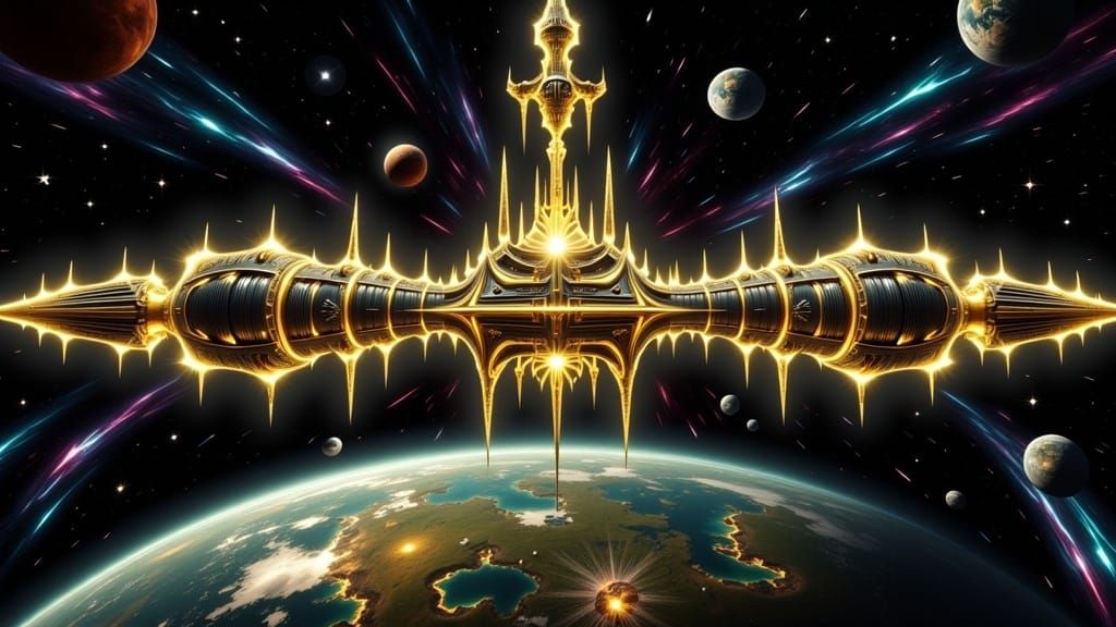 Medieval Space Starship in Cosmicpunk Landscape