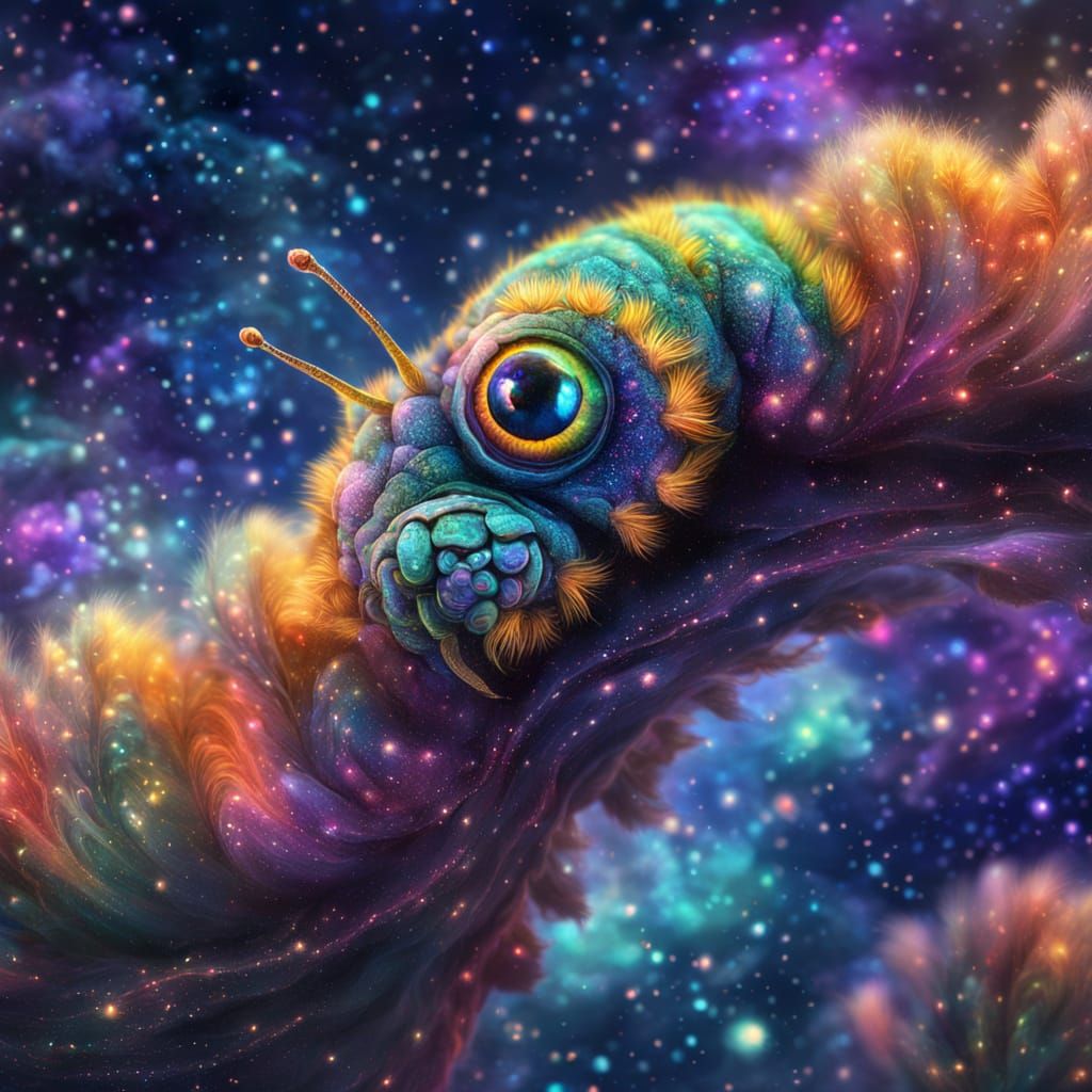 Excited Caterpillar in Vibrant Cosmic Nebula