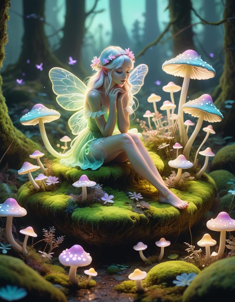 Dreamlike Fairy on Mushroom in Pastel Illustration