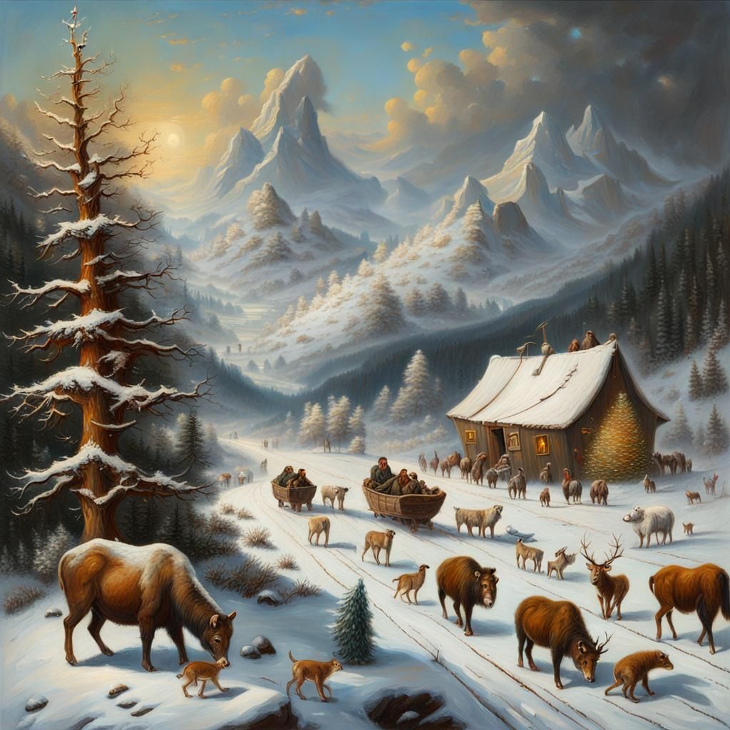 Christmas at Noah's Ark: A Snowy Oil Painting