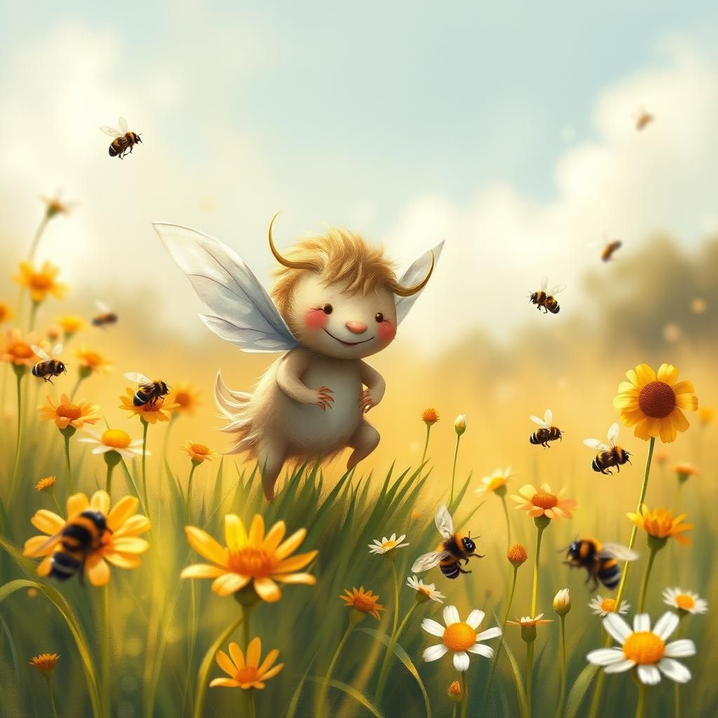 Sprite with Bumblebees in Dreamy Folk Art Style