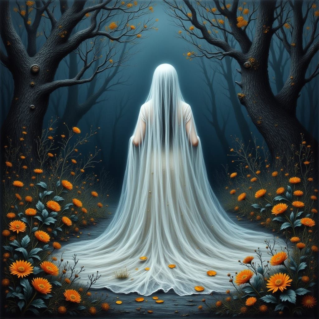 Ghostly Lady in Haunted Forest Digital Collage