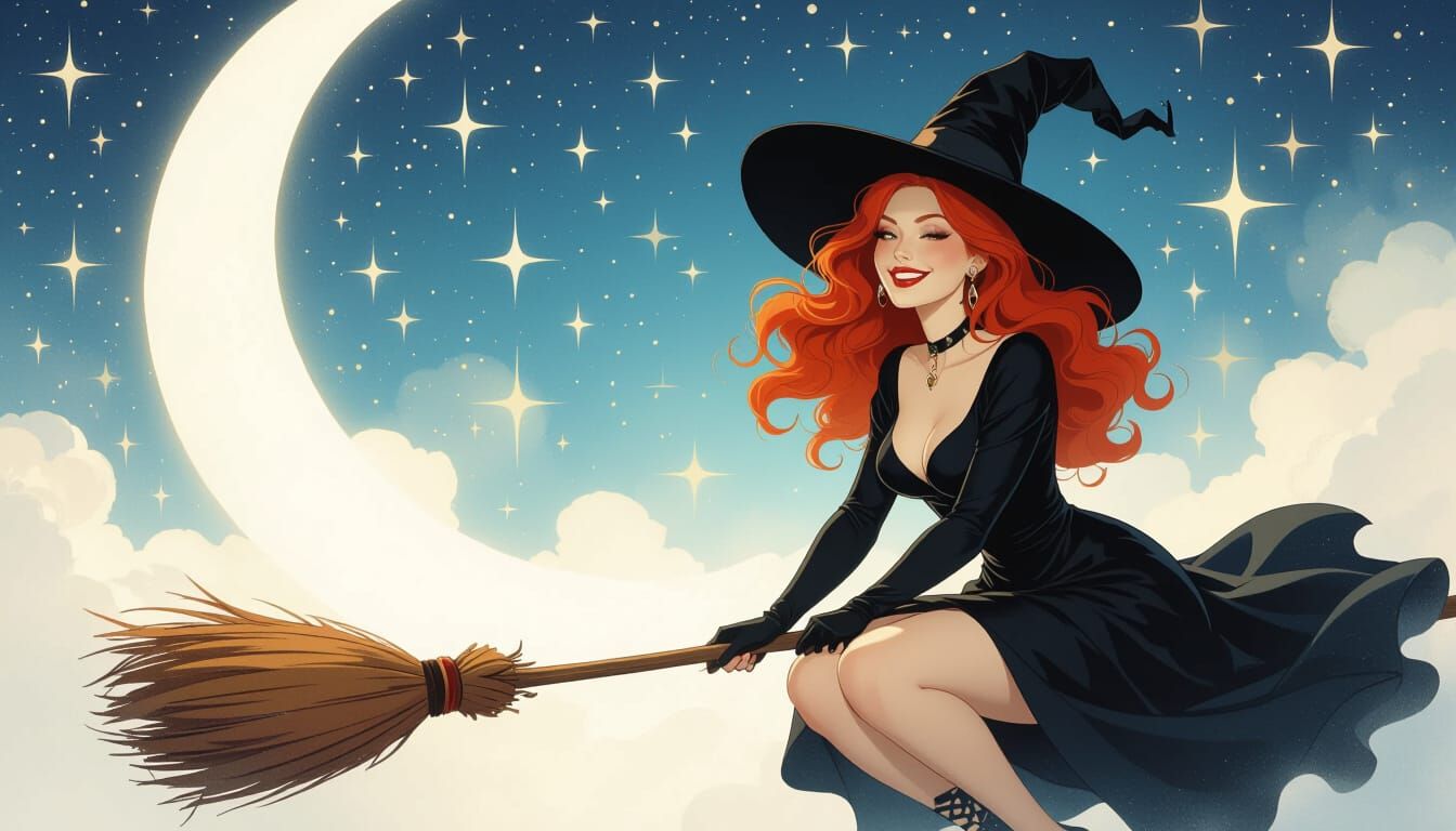 Red Haired Witch Rides Broomstick Under Starry Night Sky