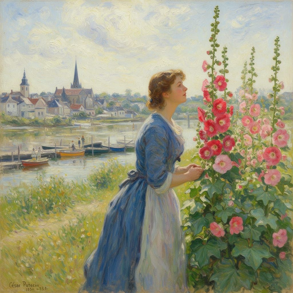 Woman Admiring Hollyhocks in Impressionist Style