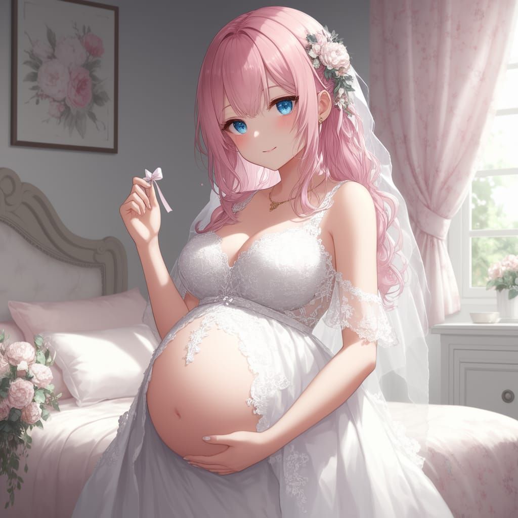 Pregnant Anime Bride in Softly Lit Pastel Bedroom