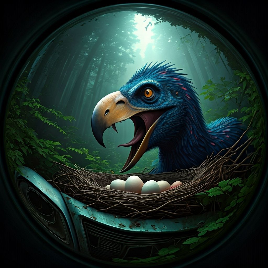 Feathered Prehistoric Beast Raids Nest in Misty Forest