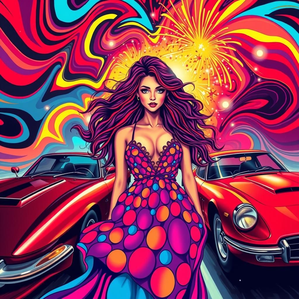 Psychedelic Girl Poster with Swirling Cars in 60s Style