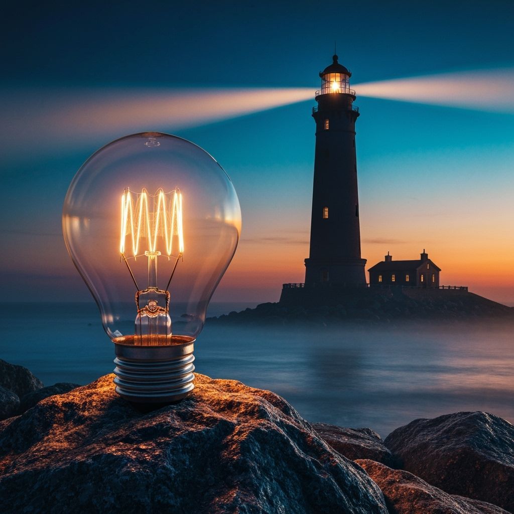 Glowing Lightbulb Guides Distant Lighthouse on Misty Shore