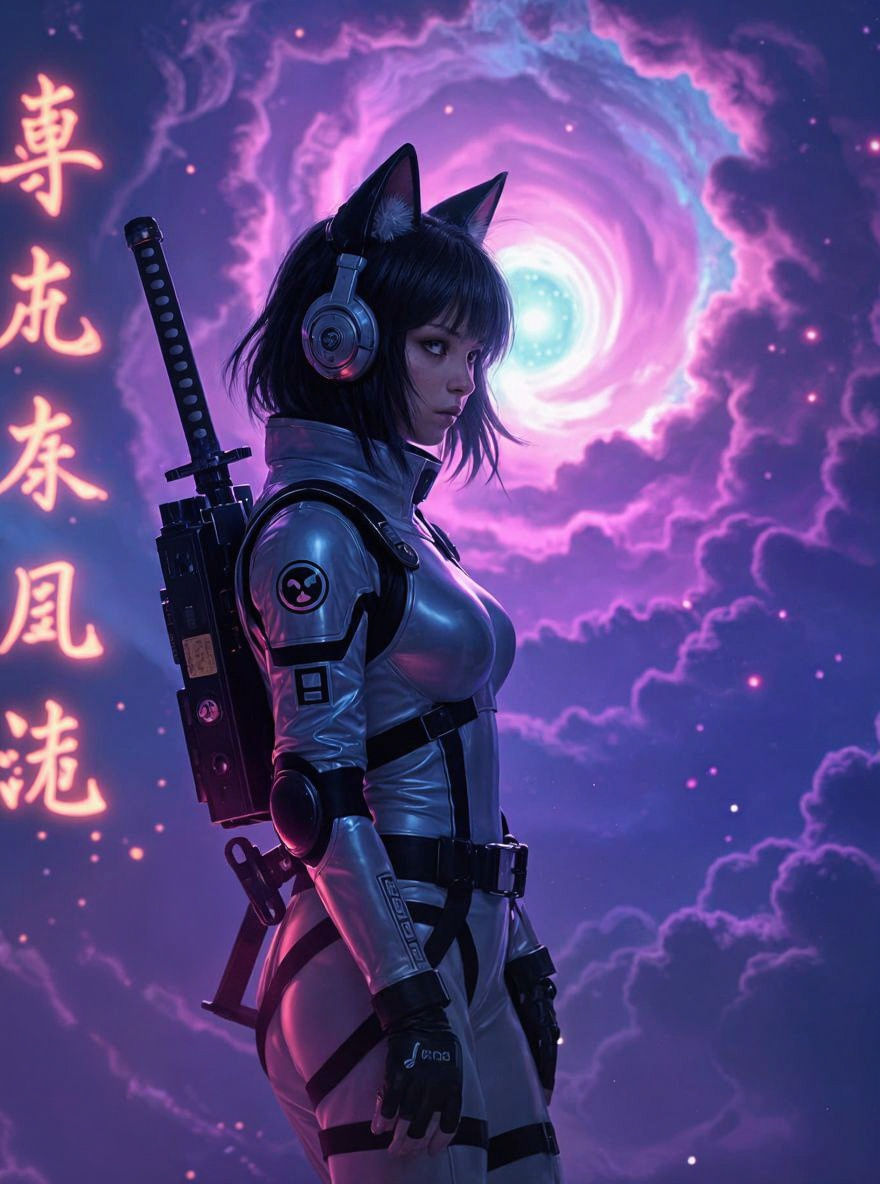Cyberpunk Girl with Cat Ears in Swirling Nebula