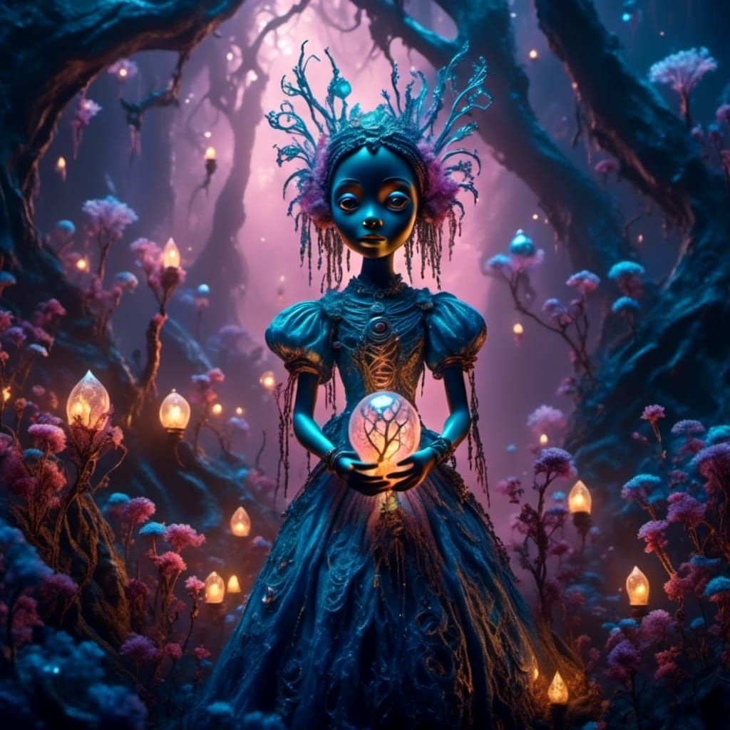 Girl With Glowing Doll in Mystical Forest