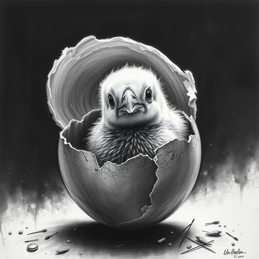 Chick Hatching: Detailed Charcoal Drawing
