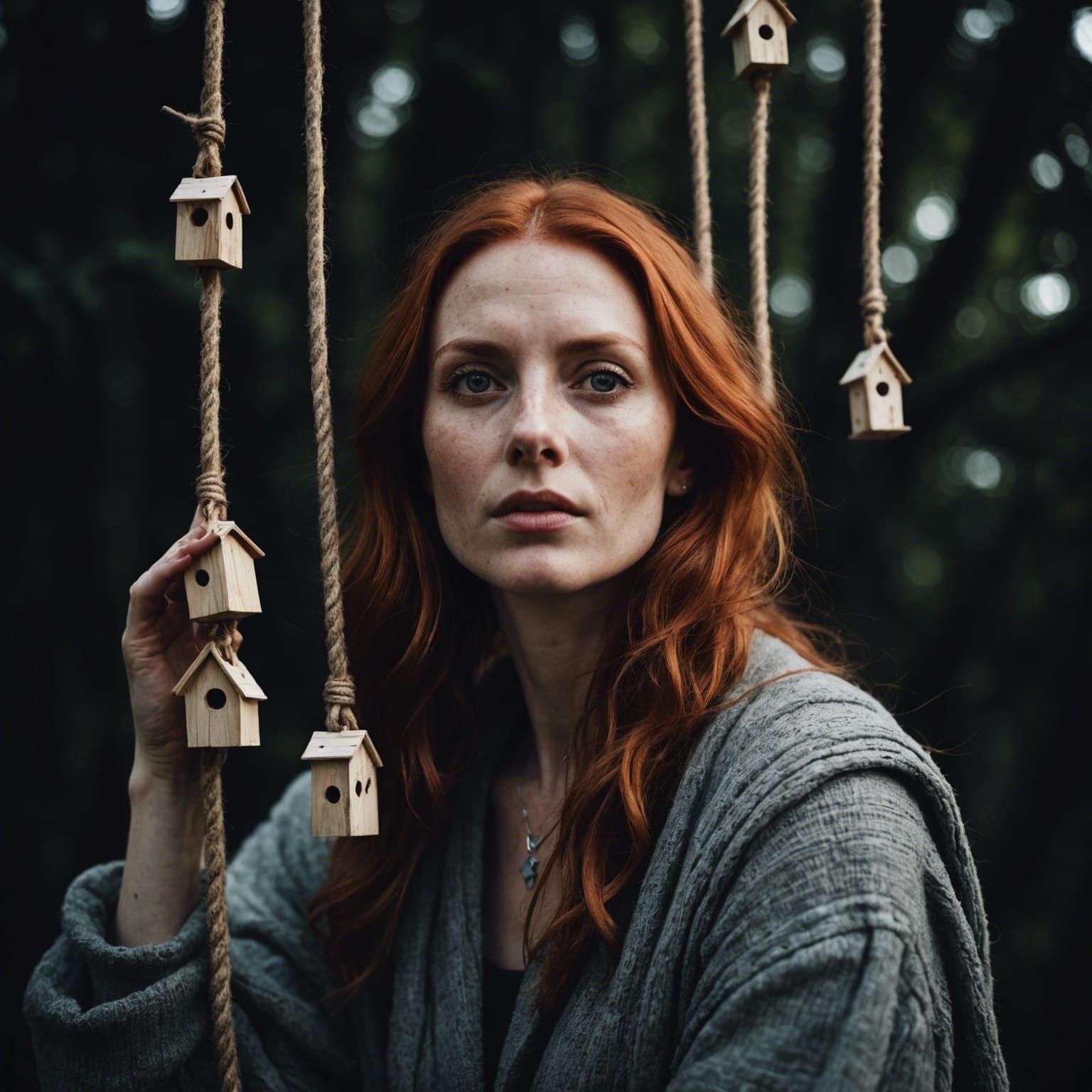 Red-Haired Woman Hanging Moons: Surreal Portrait