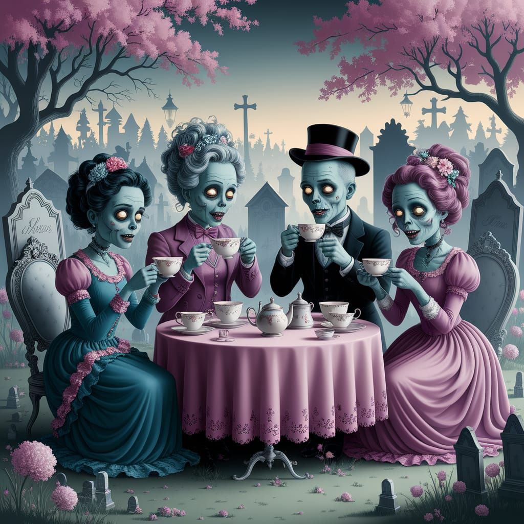 Whimsical Zombie Tea Party in Pastel Graveyard