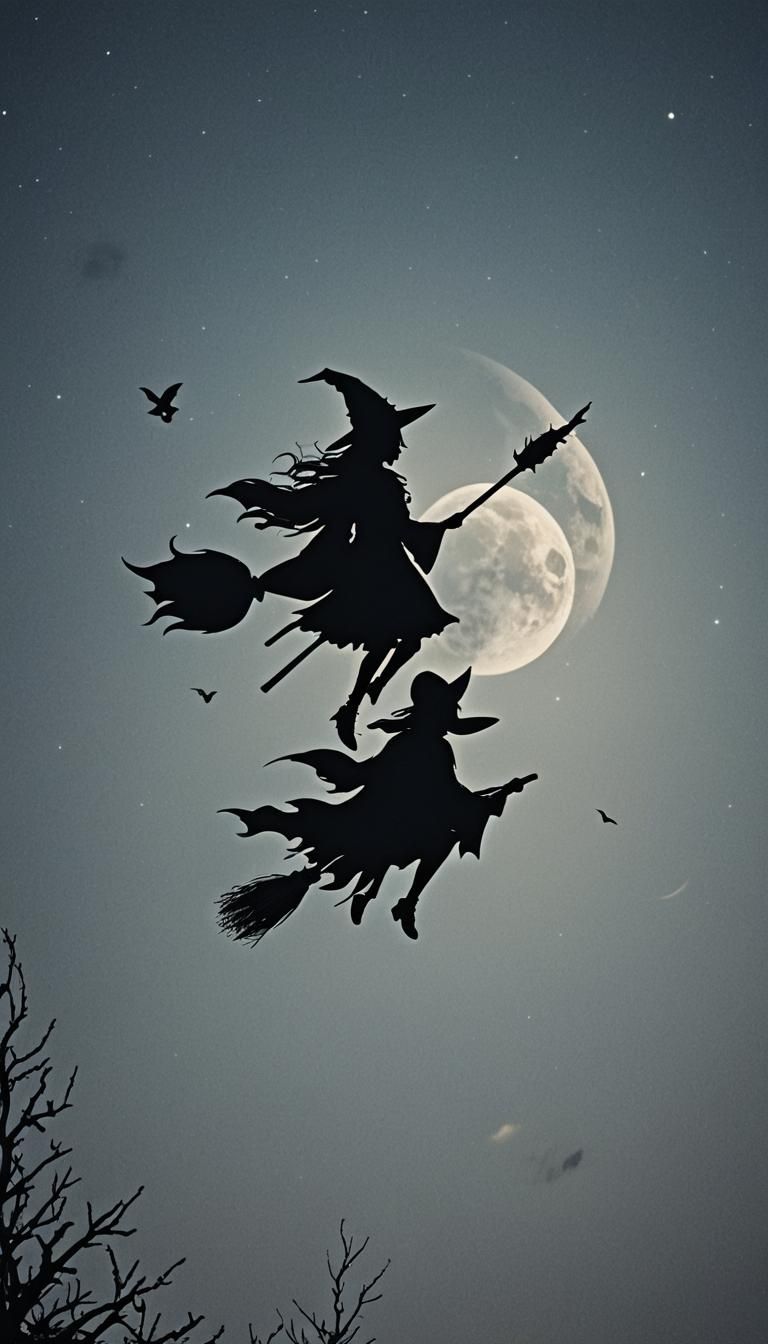 A silhouette of a beautiful witch flying in the sky on a bro...