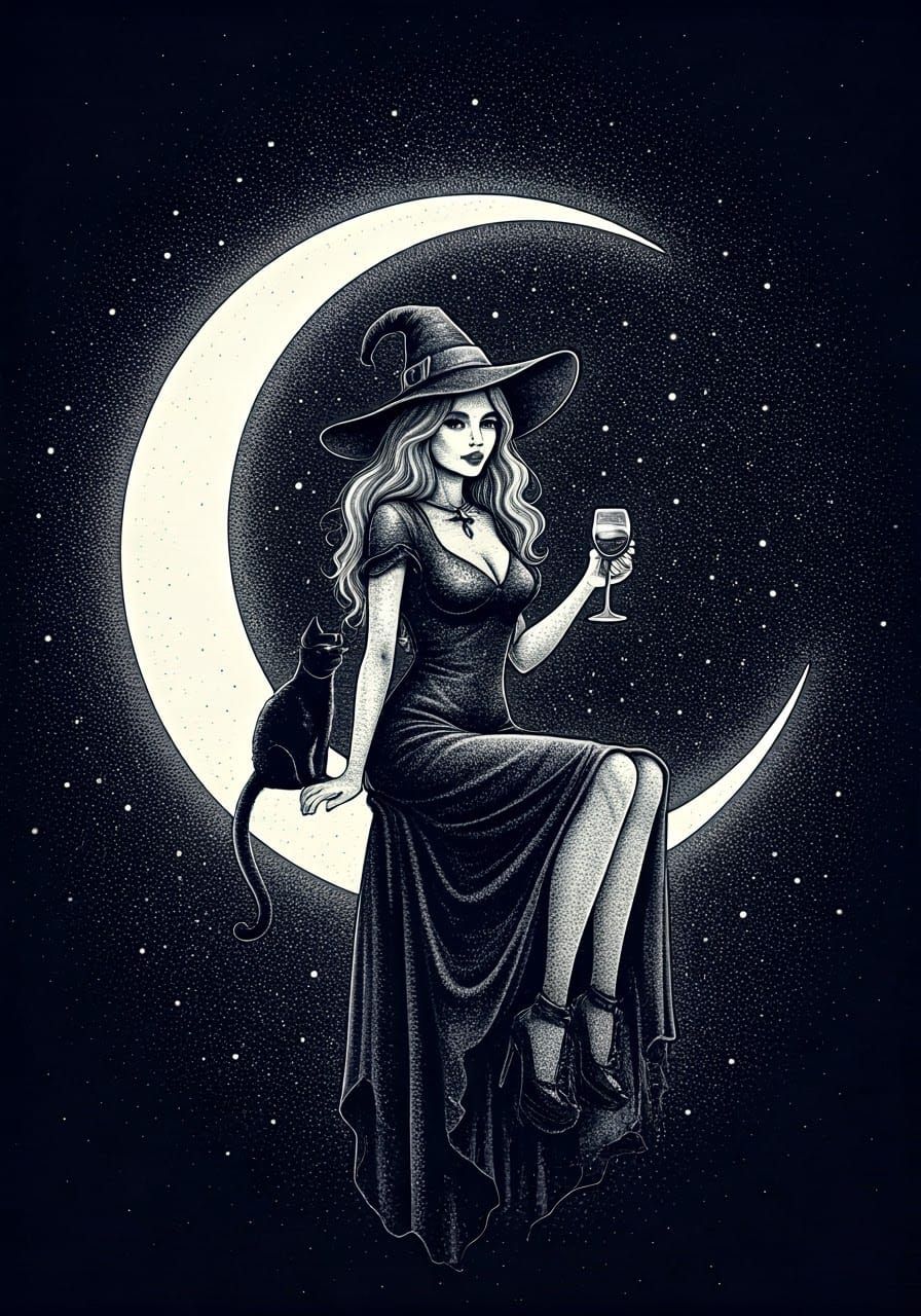 Witch on Moon in Pointillism Ink Sketch Style