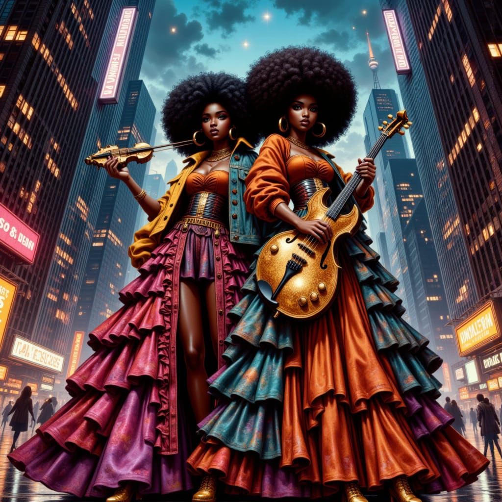 Afro-Latina Women in Cosmic Cityscape with Music
