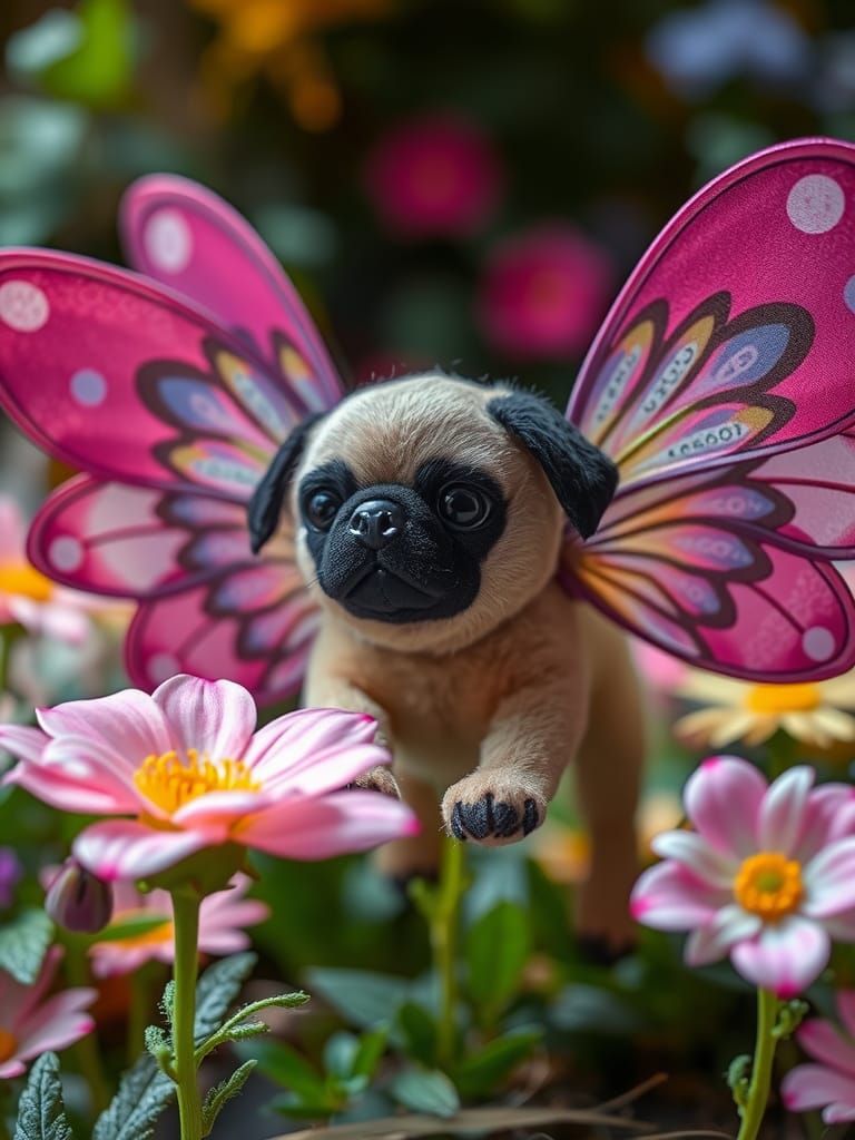 Steampunk Fairy-Pug Hovering in a Playroom Garden