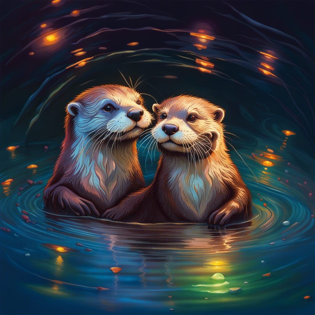 Cute Otters Cuddling in Water, Hyperrealistic Splash Art