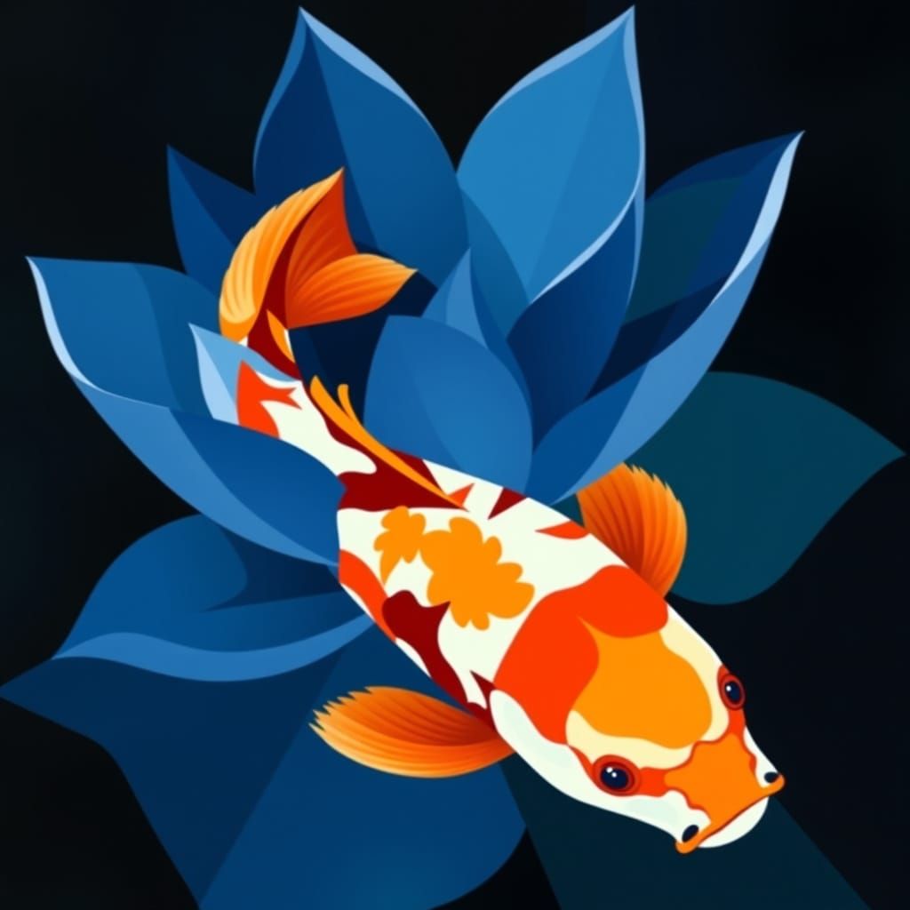 Vibrant Lotus Blossom Transforms into Geometric Carp