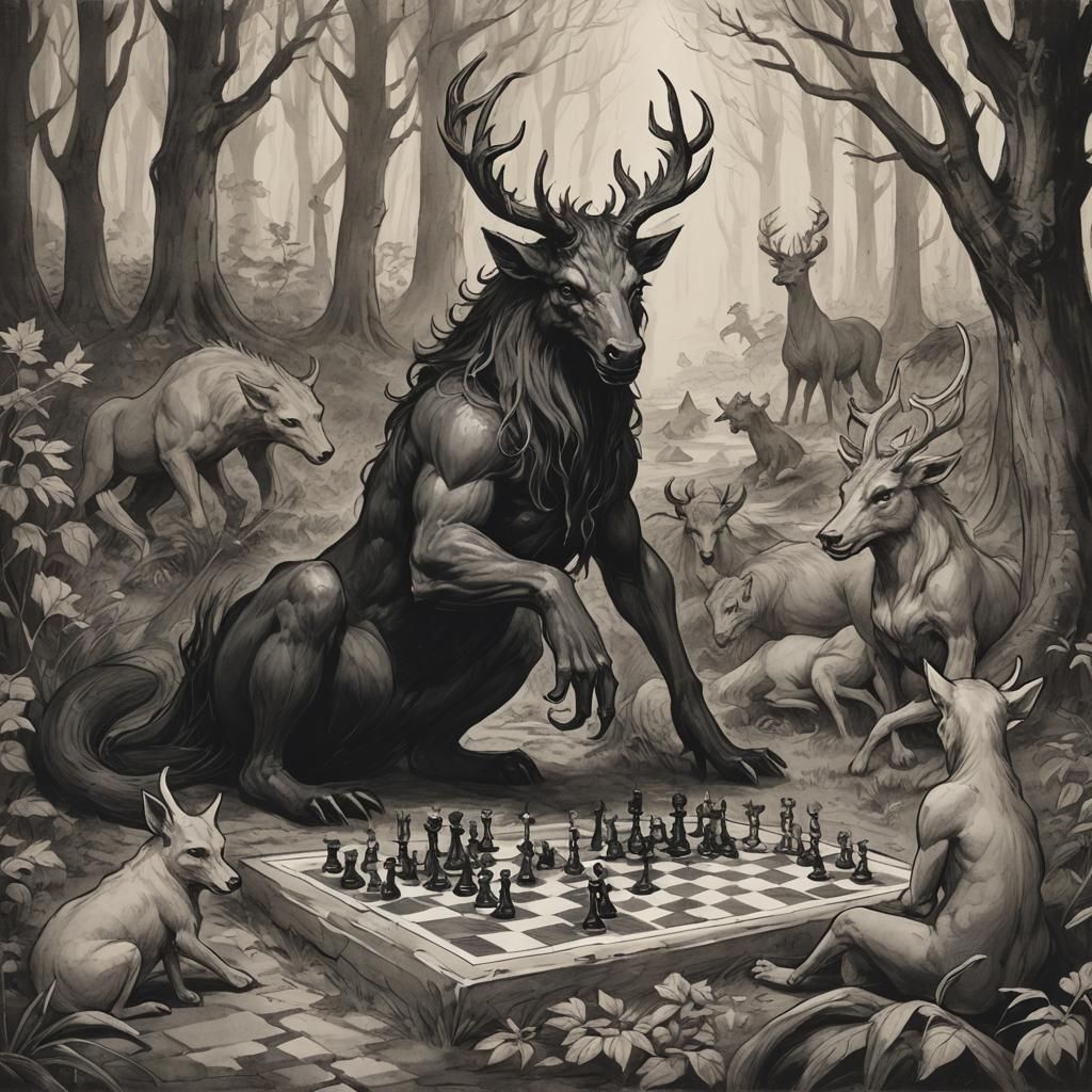 Nuckelavee and Chimera Play Chess in Enchanted Forest