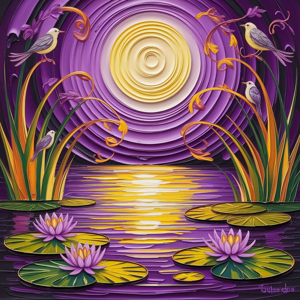 Serene Pond Scene in Dreamlike Cubist Style