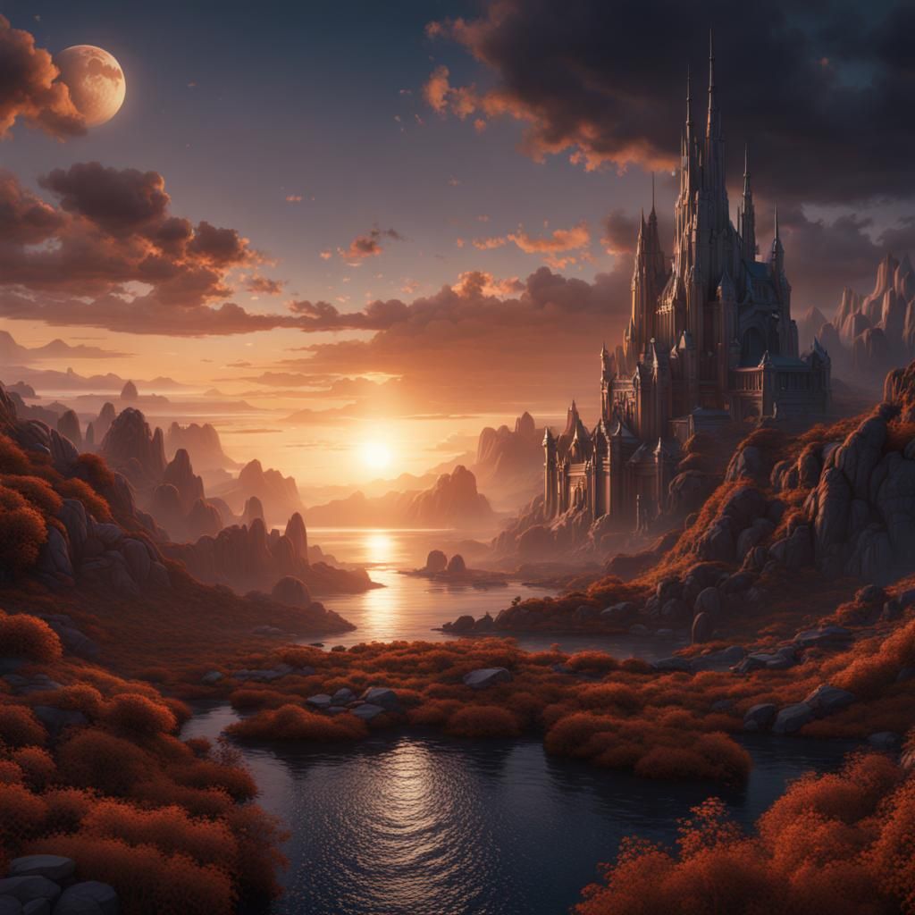 Fantastical Midnight Sun Landscape: Detailed Matte Painting