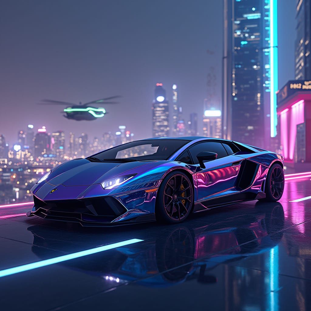 Chrome Lamborghini in Futuristic Neon Cityscape