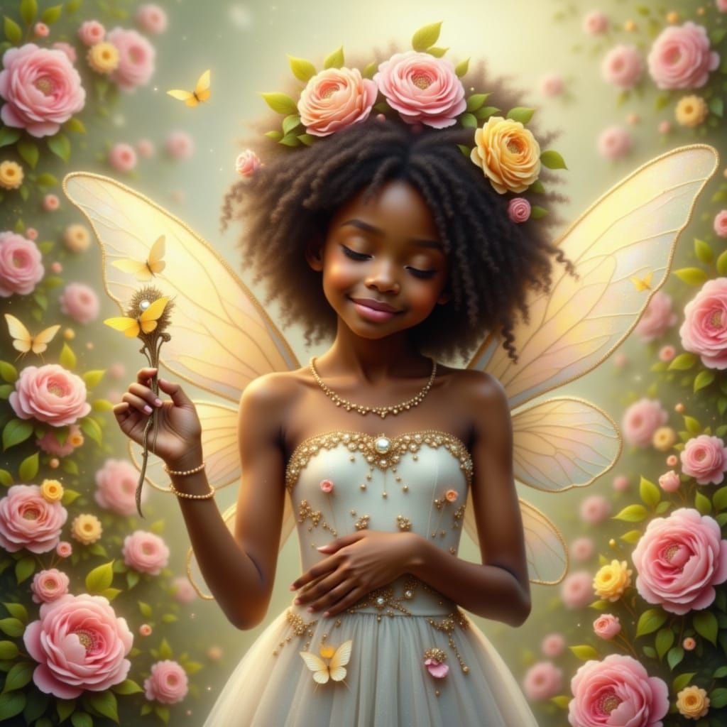A young, Black-skinned fairy is the central subject, positio...