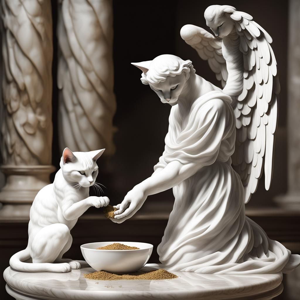 Angelic Cats Worship Catnip Statue in Marble Style