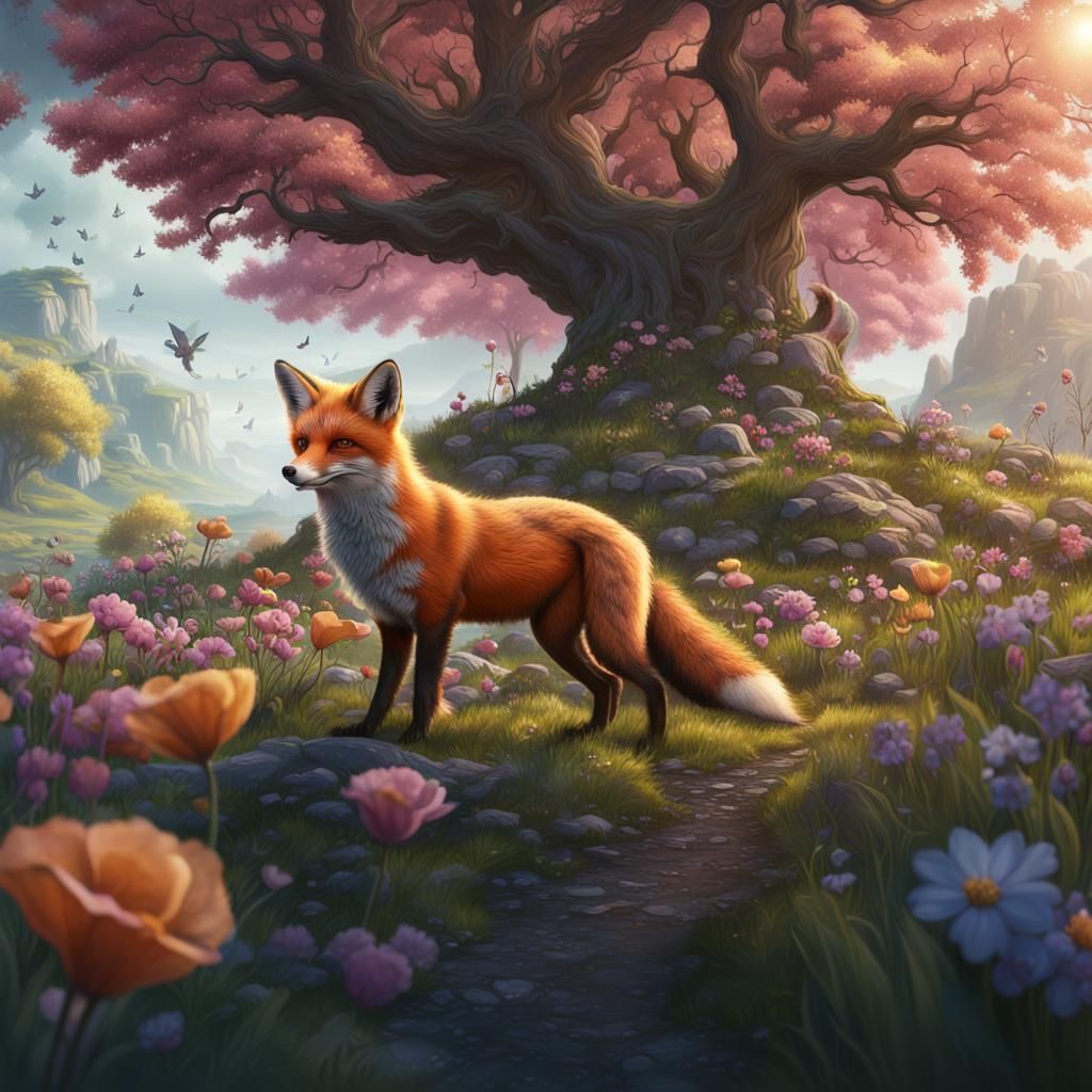 Fantastical Fox in Spring: Detailed Matte Painting