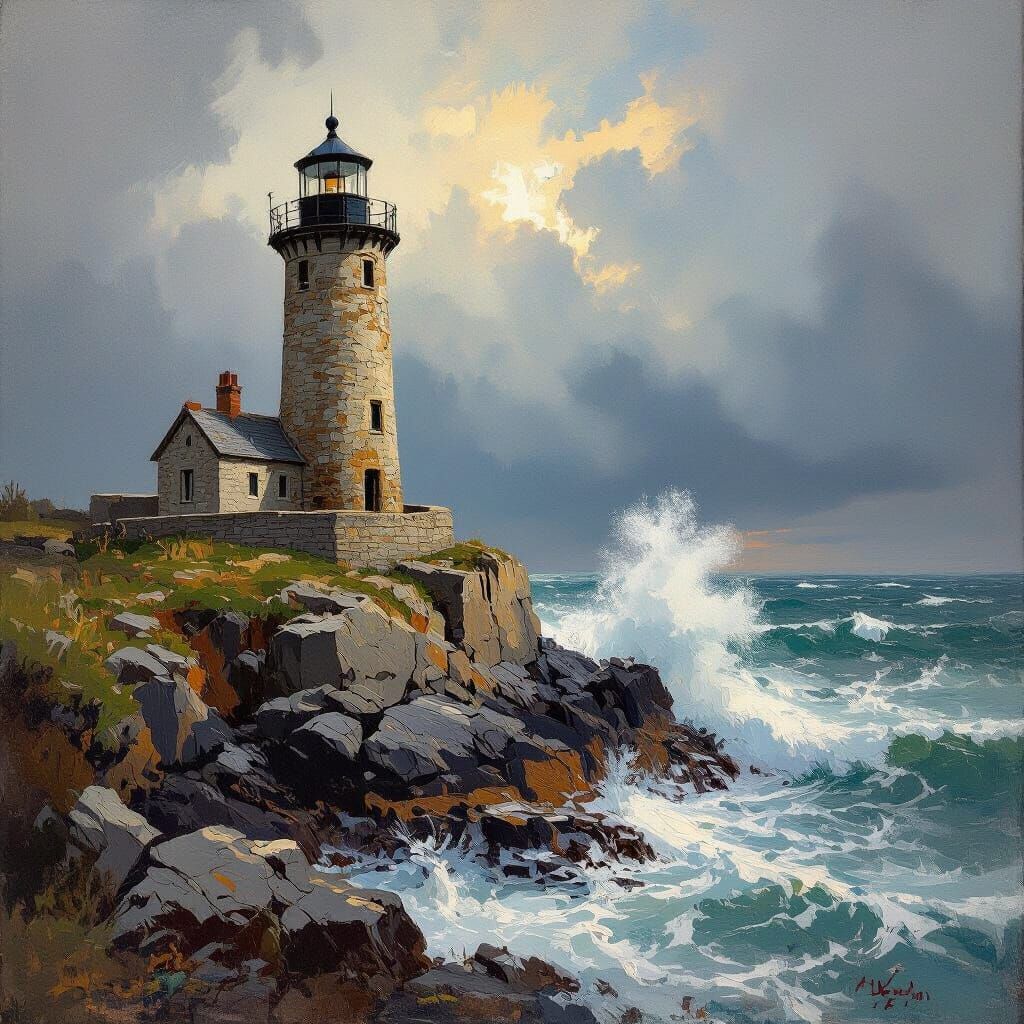 Lighthouse on Cliff in Expressive Painting Style