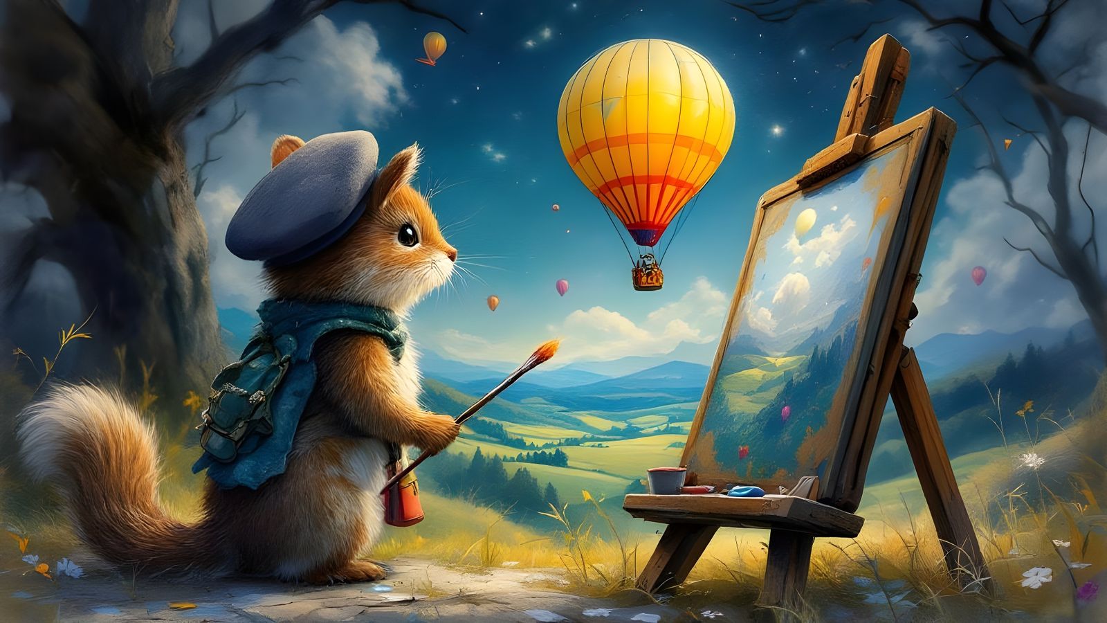 Woodland Creature Painting a Hot Air Balloon in Mixed Media