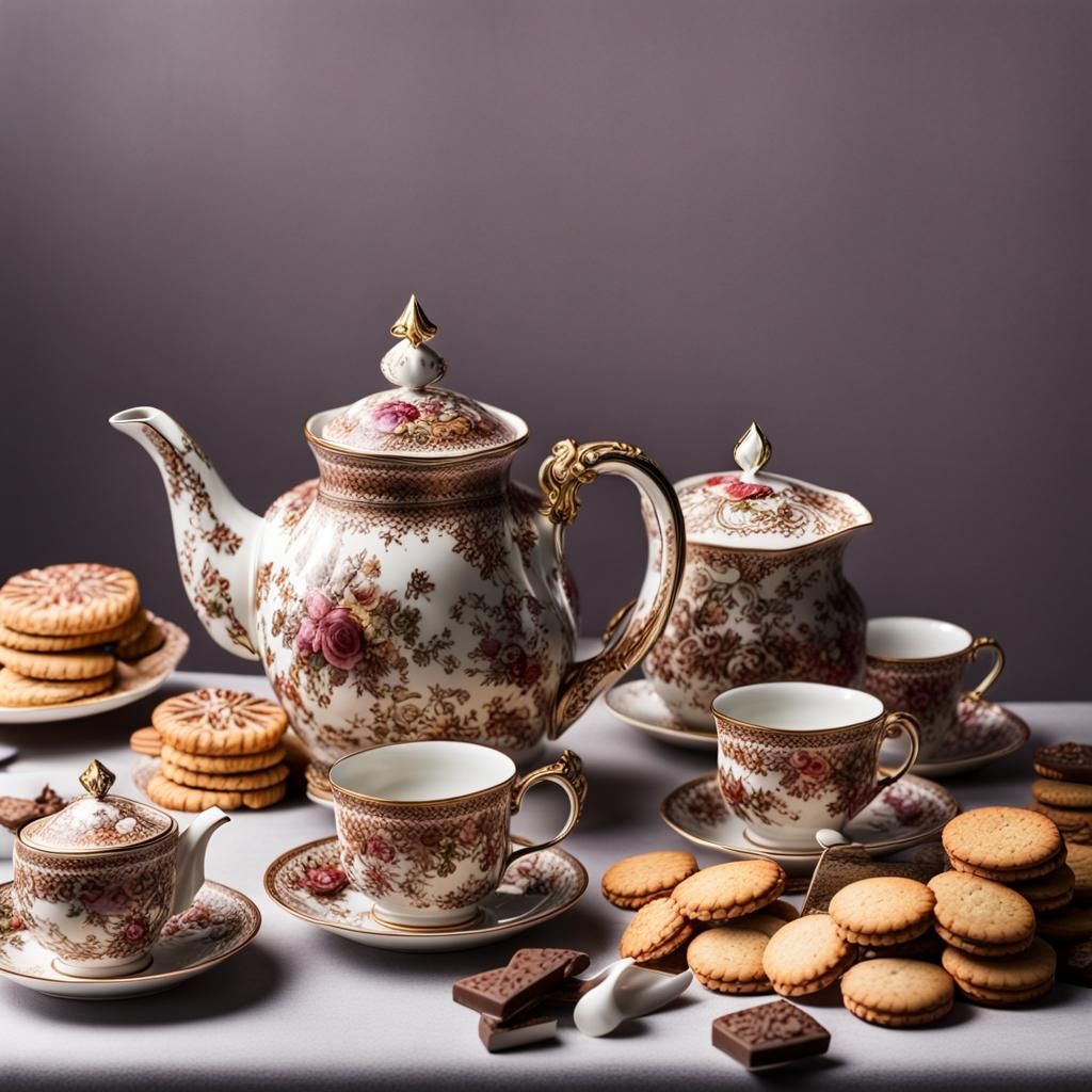 Ornate Chocolate Teapot with Biscuits