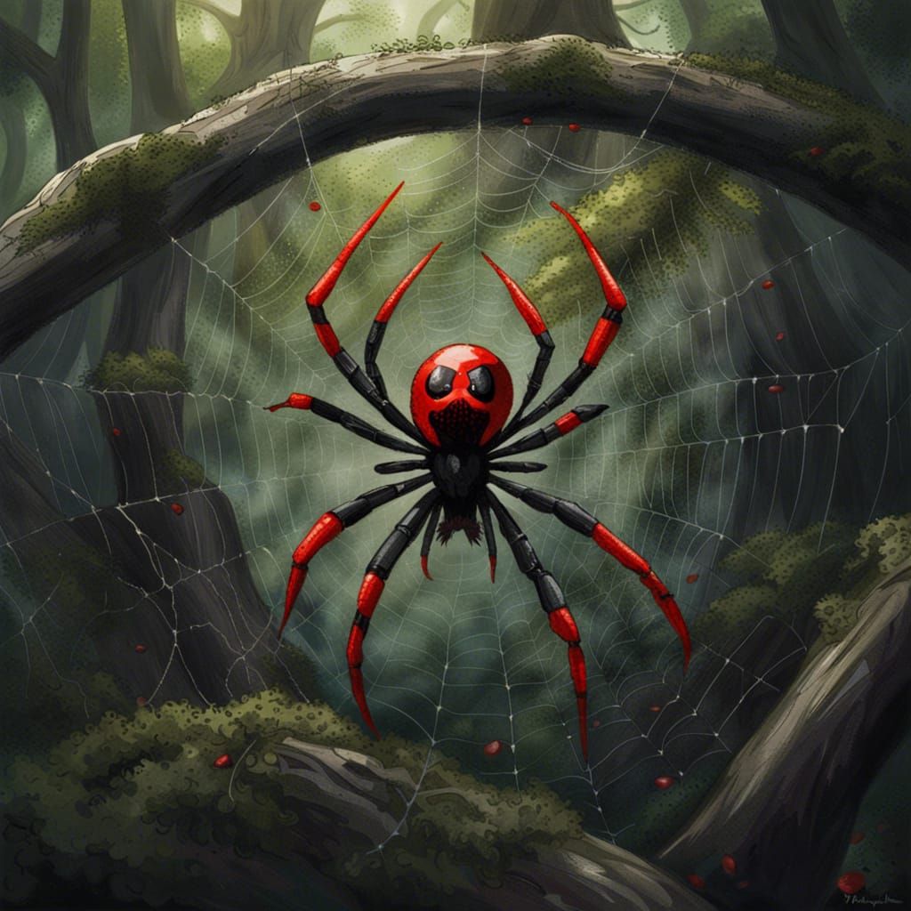 Sinister Spider Web Between Oak Trees in Baroque Style